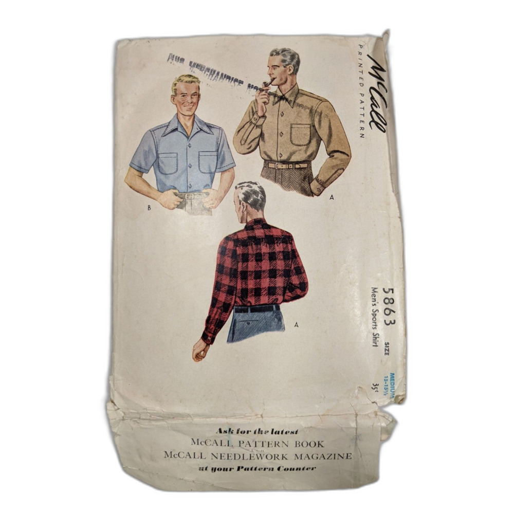 McCalls 5863 Sewing Pattern Mens Button Up Sports Shirt Sz M 15-15.5 Vintage 40s